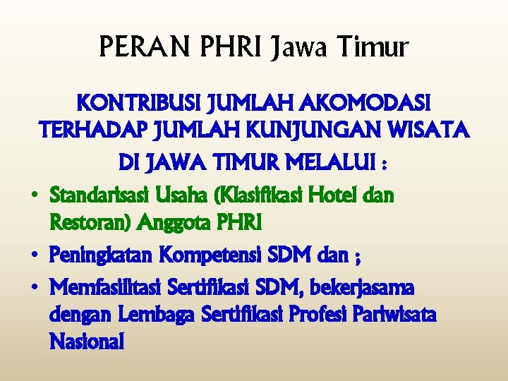 PERAN PHRI Jawa Timur KONTRIBUSI JUMLAH AKOMODASI TERHADAP JUMLAH KUNJUNGAN WISATA DI JAWA TIMUR