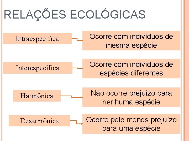 RELAÇÕES ECOLÓGICAS Intraespecífica Ocorre com indivíduos de mesma espécie Interespecífica Ocorre com indivíduos de