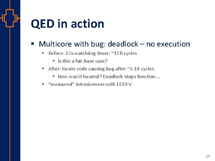 QED in action § Multicore with bug: deadlock – no execution § Before: 10