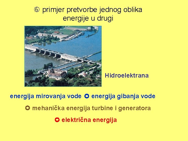  primjer pretvorbe jednog oblika energije u drugi Hidroelektrana energija mirovanja vode energija gibanja