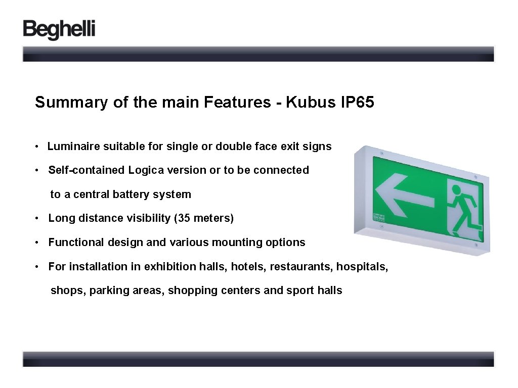 Summary of the main Features - Kubus IP 65 • Luminaire suitable for single