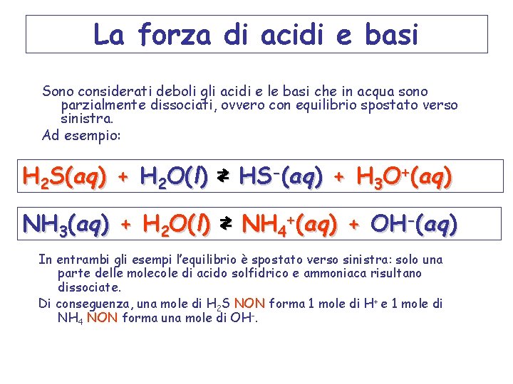 La forza di acidi e basi Sono considerati deboli gli acidi e le basi