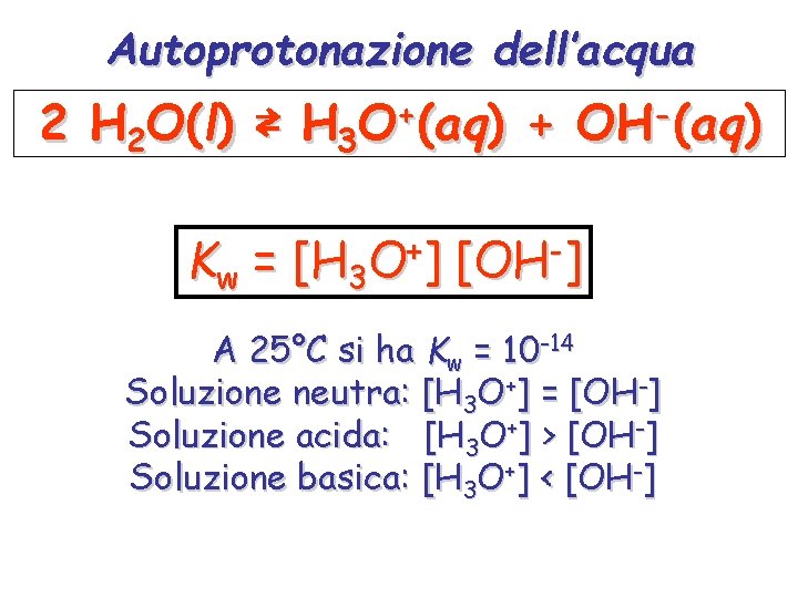 Autoprotonazione dell’acqua 2 H 2 O(l) ⇄ H 3 O+(aq) + OH-(aq) Kw =