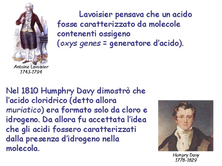 Lavoisier pensava che un acido fosse caratterizzato da molecole contenenti ossigeno (oxys genes =