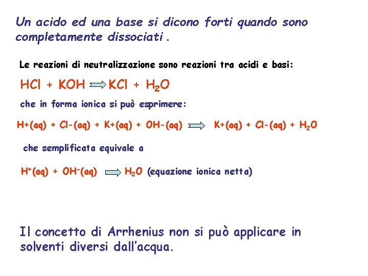 Un acido ed una base si dicono forti quando sono completamente dissociati. Le reazioni