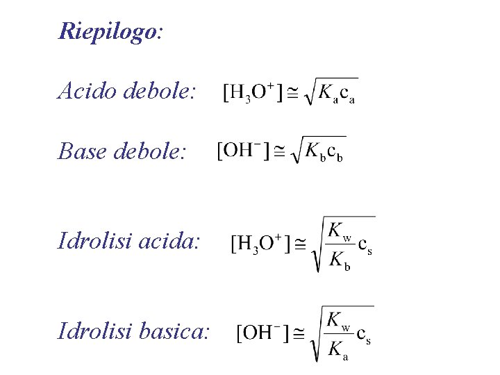Riepilogo: Acido debole: Base debole: Idrolisi acida: Idrolisi basica: 