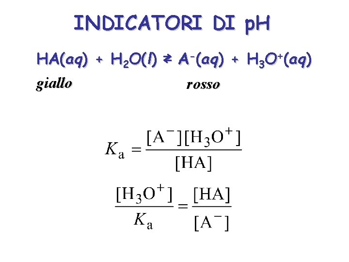 INDICATORI DI p. H HA(aq) + H 2 O(l) ⇄ A-(aq) + H 3