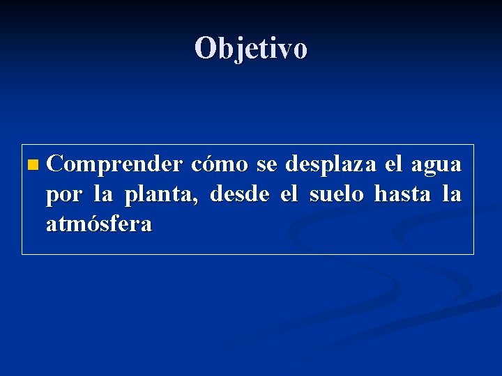 Objetivo n Comprender cómo se desplaza el agua por la planta, desde el suelo Objetivo n Comprender cómo se desplaza el agua por la planta, desde el suelo