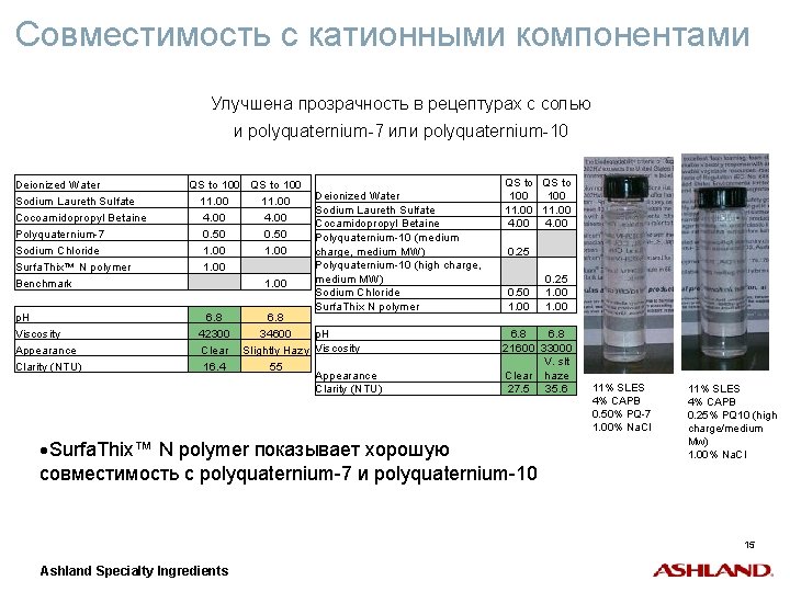 Совместимость с катионными компонентами Улучшена прозрачность в рецептурах с солью и polyquaternium-7 или polyquaternium-10