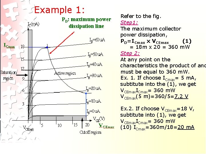 Refer to the fig. Step 1: The maximum collector power dissipation, PD=ICmax x VCEmax Refer to the fig. Step 1: The maximum collector power dissipation, PD=ICmax x VCEmax