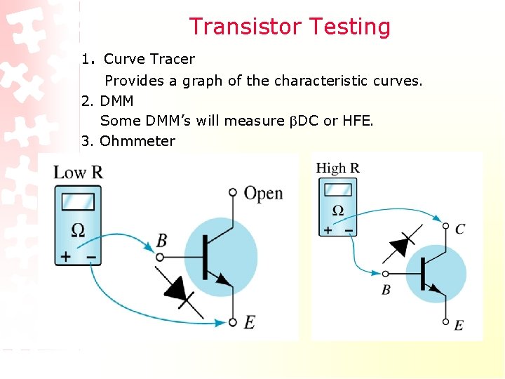 Transistor Testing 1. Curve Tracer Provides a graph of the characteristic curves. 2. DMM Transistor Testing 1. Curve Tracer Provides a graph of the characteristic curves. 2. DMM