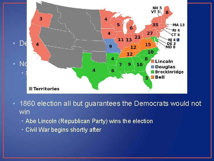 Impact of “Bleeding Kansas” • Democratic Party split along sectional lines • Northern Democrats: