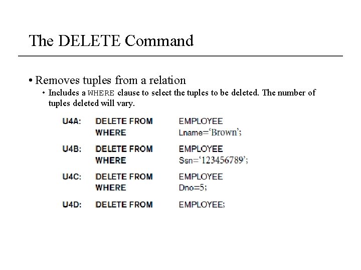 The DELETE Command • Removes tuples from a relation • Includes a WHERE clause The DELETE Command • Removes tuples from a relation • Includes a WHERE clause