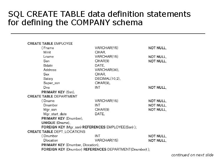 SQL CREATE TABLE data definition statements for defining the COMPANY schema continued on next