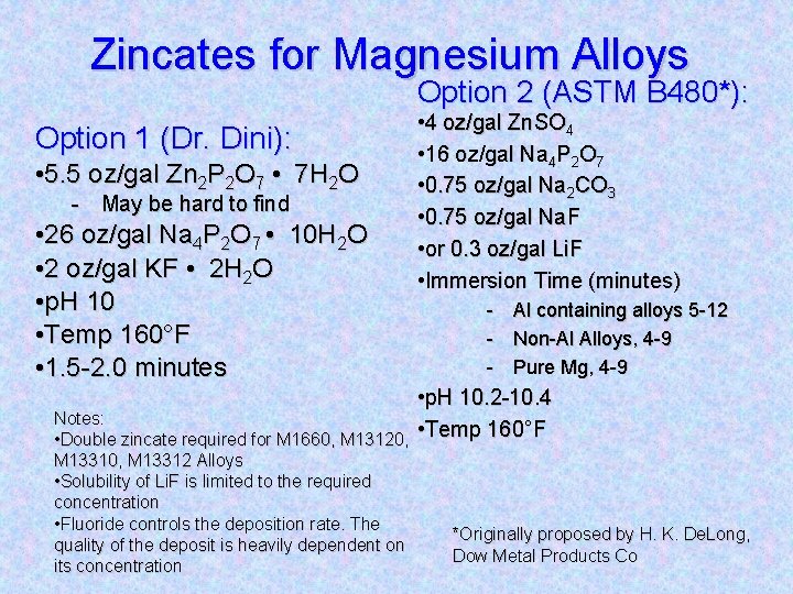 Zincates for Magnesium Alloys Option 2 (ASTM B 480*): Option 1 (Dr. Dini): •