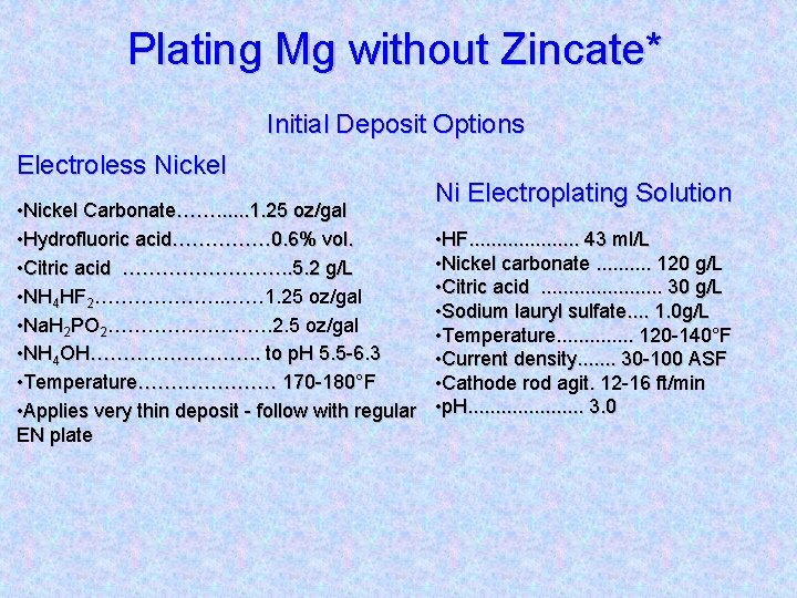 Plating Mg without Zincate* Initial Deposit Options Electroless Nickel • Nickel Carbonate……. . .
