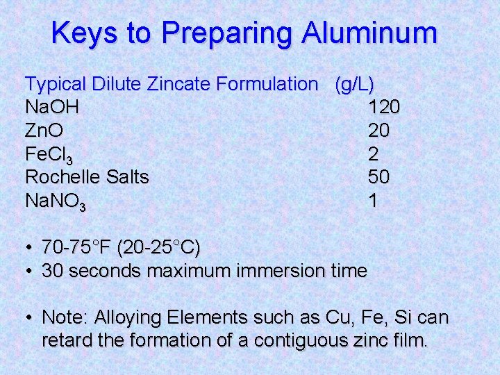Keys to Preparing Aluminum Typical Dilute Zincate Formulation (g/L) Na. OH 120 Zn. O