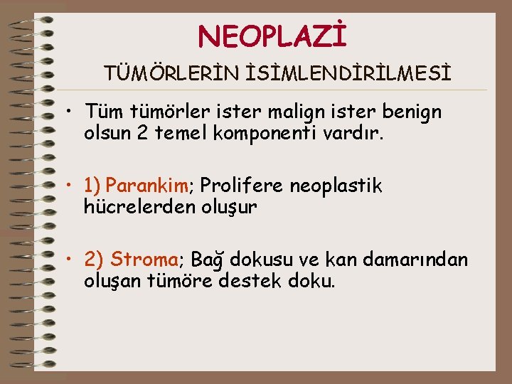 NEOPLAZİ TÜMÖRLERİN İSİMLENDİRİLMESİ • Tüm tümörler ister malign ister benign olsun 2 temel komponenti