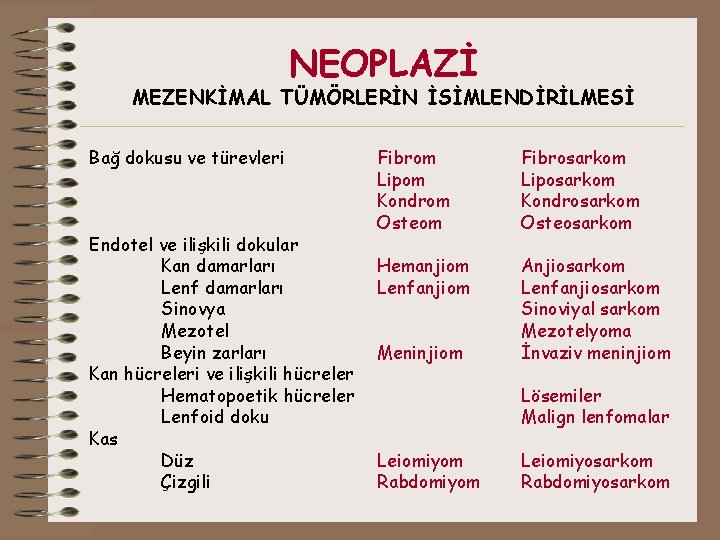 NEOPLAZİ MEZENKİMAL TÜMÖRLERİN İSİMLENDİRİLMESİ Bağ dokusu ve türevleri Endotel ve ilişkili dokular Kan damarları