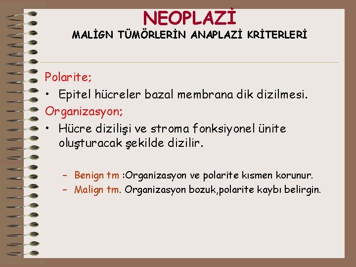 NEOPLAZİ MALİGN TÜMÖRLERİN ANAPLAZİ KRİTERLERİ Polarite; • Epitel hücreler bazal membrana dik dizilmesi. Organizasyon;