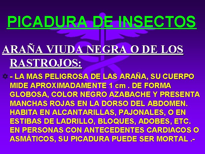 PICADURA DE INSECTOS ARAÑA VIUDA NEGRA O DE LOS RASTROJOS: Y - LA MAS