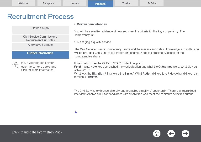 Welcome Background Vacancy Process Timeline T’s & C’s Recruitment Process § Written competencies How