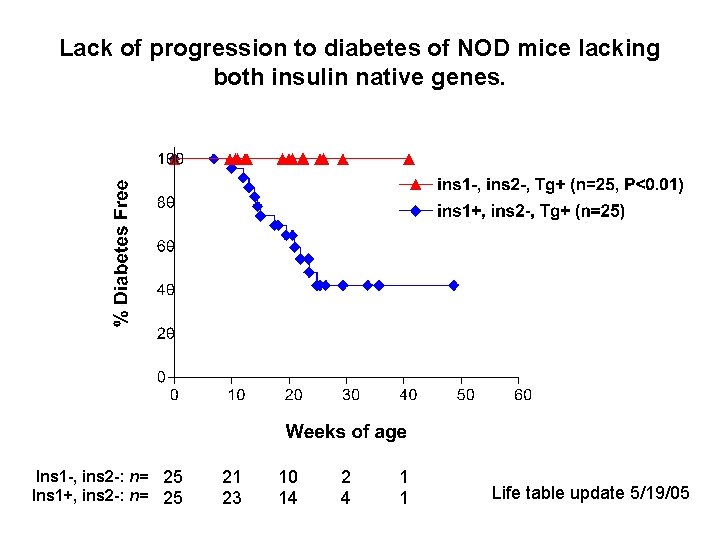 Lack of progression to diabetes of NOD mice lacking both insulin native genes. Ins