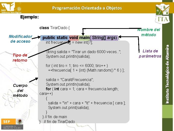 Programación Orientada a Objetos Ejemplo: Tipo de retorno Cuerpo del método Nombre del método