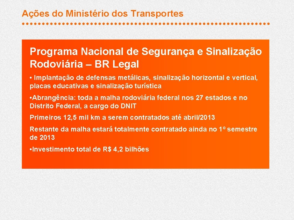 Ações do Ministério dos Transportes Programa Nacional de Segurança e Sinalização Rodoviária – BR