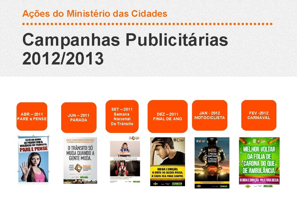 Ações do Ministério das Cidades Campanhas Publicitárias 2012/2013 ABR – 2011 PARE e PENSE