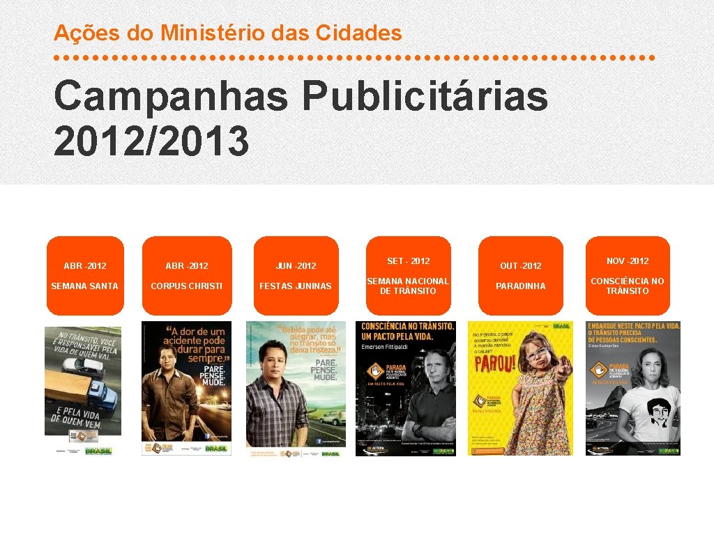 Ações do Ministério das Cidades Campanhas Publicitárias 2012/2013 ABR -2012 JUN -2012 SEMANA SANTA