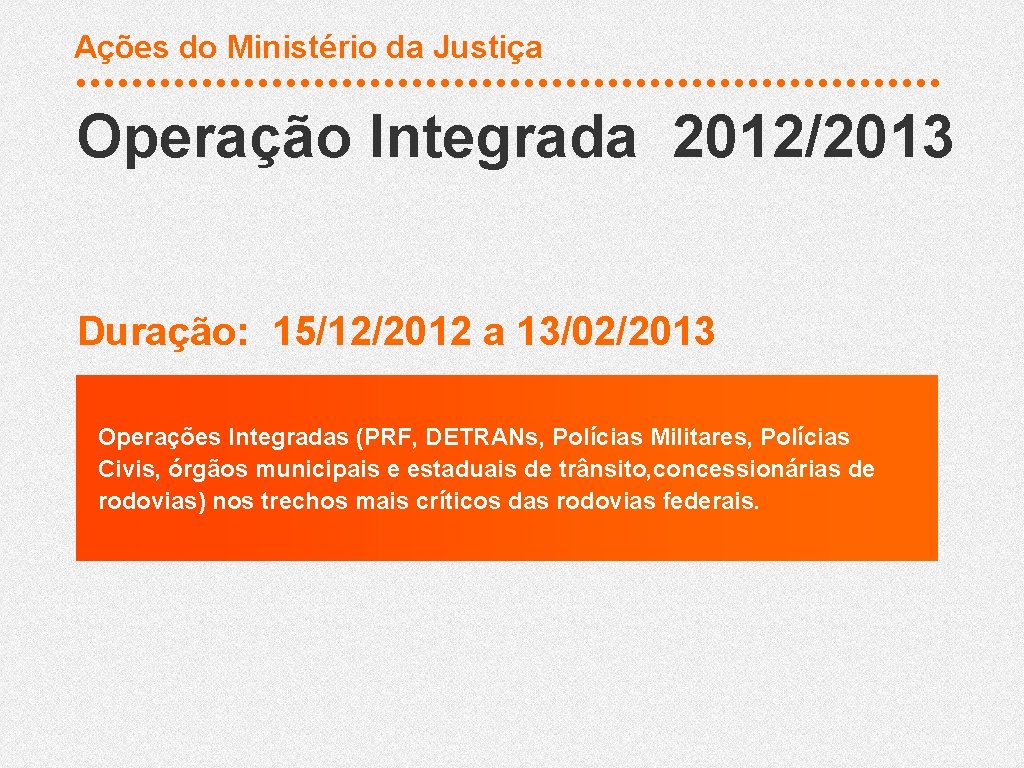 Ações do Ministério da Justiça Operação Integrada 2012/2013 Duração: 15/12/2012 a 13/02/2013 Operações Integradas