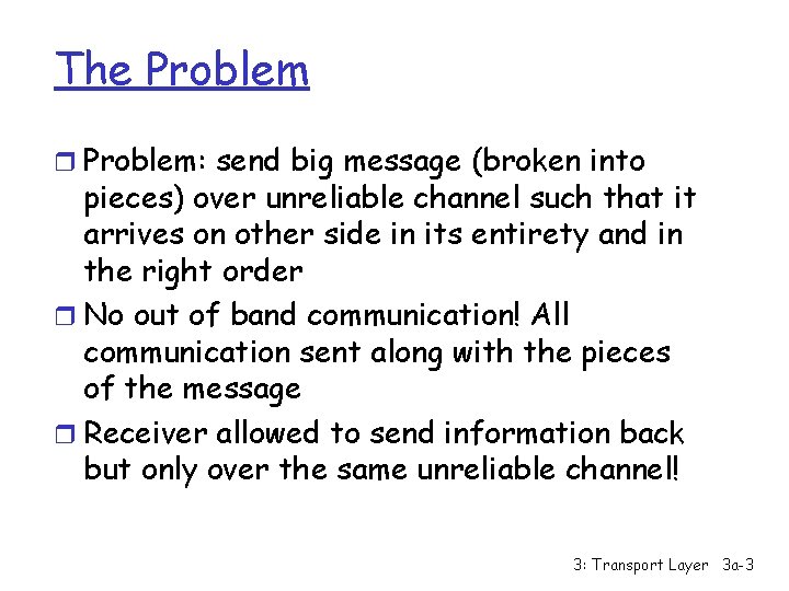 The Problem r Problem: send big message (broken into pieces) over unreliable channel such