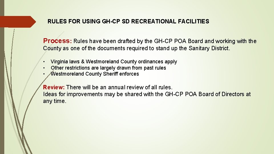 RULES FOR USING GH-CP SD RECREATIONAL FACILITIES Process: Rules have been drafted by the
