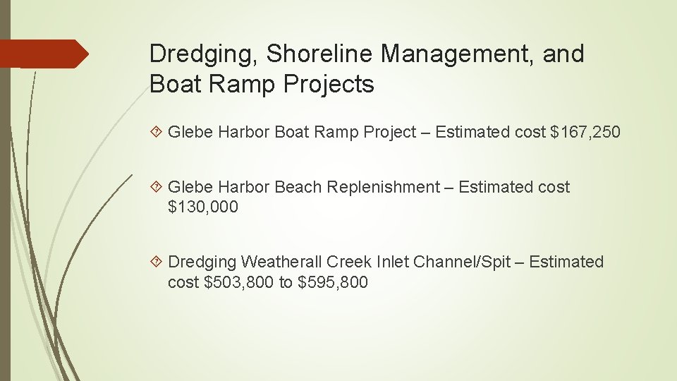 Dredging, Shoreline Management, and Boat Ramp Projects Glebe Harbor Boat Ramp Project – Estimated