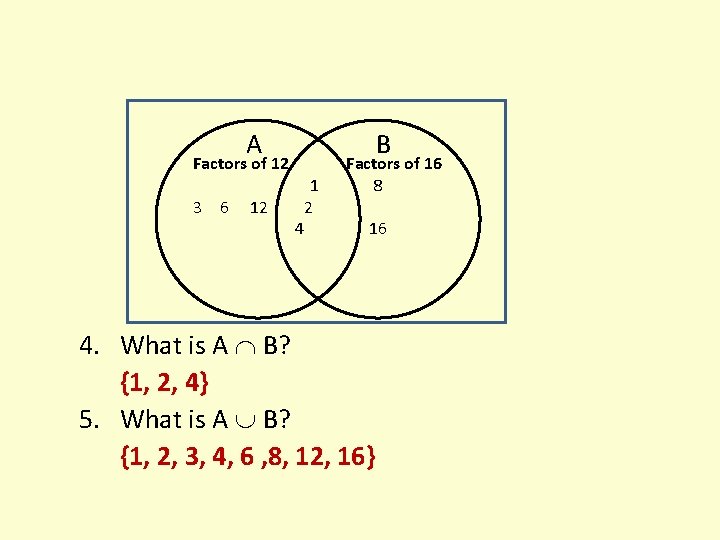  A B Factors of 12 Factors of 16 1 8 3 6 12