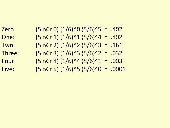 Zero: One: Two: Three: Four: Five: (5 n. Cr 0) (1/6)^0 (5/6)^5 = .