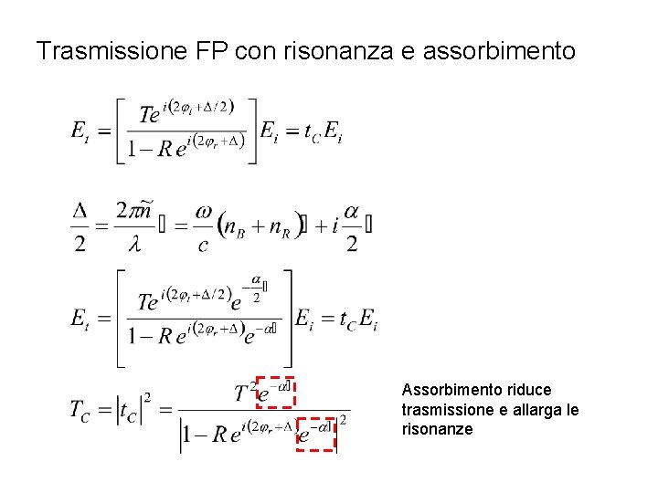 Trasmissione FP con risonanza e assorbimento Assorbimento riduce trasmissione e allarga le risonanze 