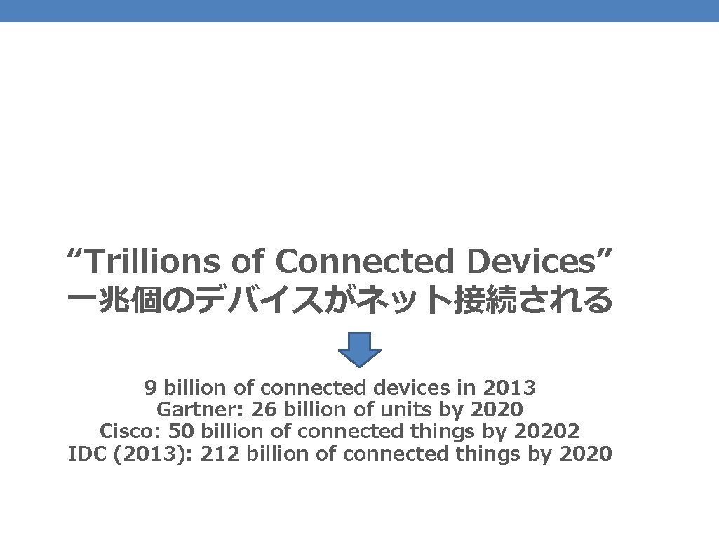 “Trillions of Connected Devices” 一兆個のデバイスがネット接続される 9 billion of connected devices in 2013 Gartner: 26