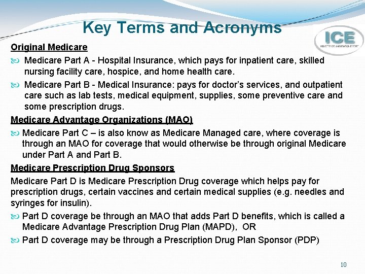 Key Terms and Acronyms Original Medicare Part A - Hospital Insurance, which pays for