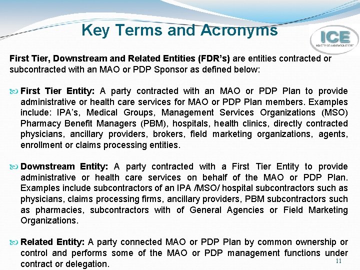 Key Terms and Acronyms First Tier, Downstream and Related Entities (FDR’s) are entities contracted