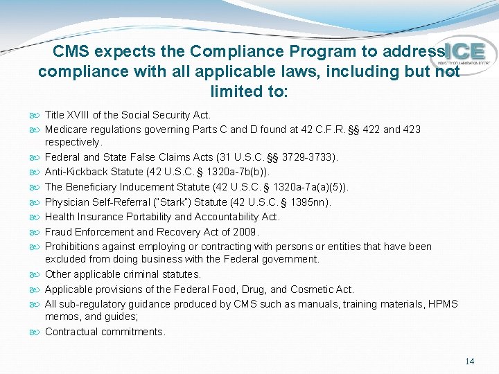 CMS expects the Compliance Program to address compliance with all applicable laws, including but