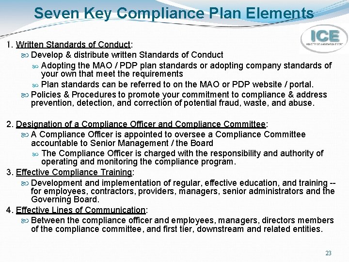 Seven Key Compliance Plan Elements 1. Written Standards of Conduct: Develop & distribute written