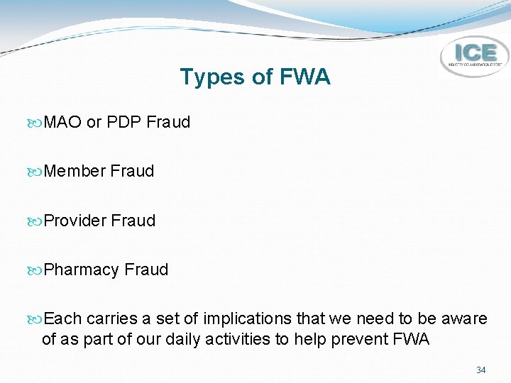 Types of FWA MAO or PDP Fraud Member Fraud Provider Fraud Pharmacy Fraud Each