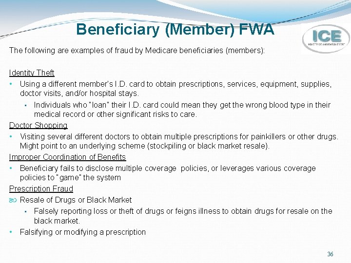 Beneficiary (Member) FWA The following are examples of fraud by Medicare beneficiaries (members): Identity