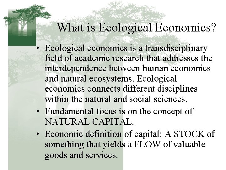 What is Ecological Economics? • Ecological economics is a transdisciplinary field of academic research