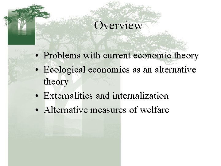 Overview • Problems with current economic theory • Ecological economics as an alternative theory