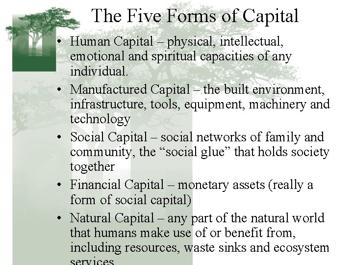 The Five Forms of Capital • Human Capital – physical, intellectual, emotional and spiritual