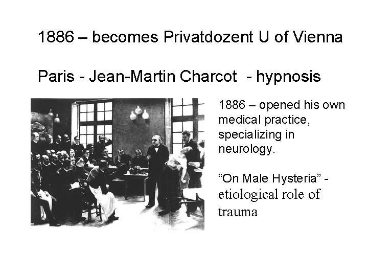 1886 – becomes Privatdozent U of Vienna Paris - Jean-Martin Charcot - hypnosis 1886