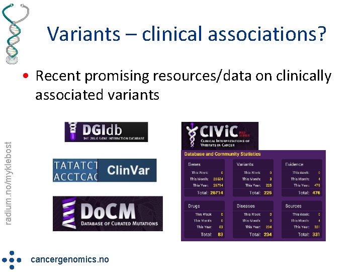 Variants – clinical associations? radium. no/myklebost • Recent promising resources/data on clinically associated variants